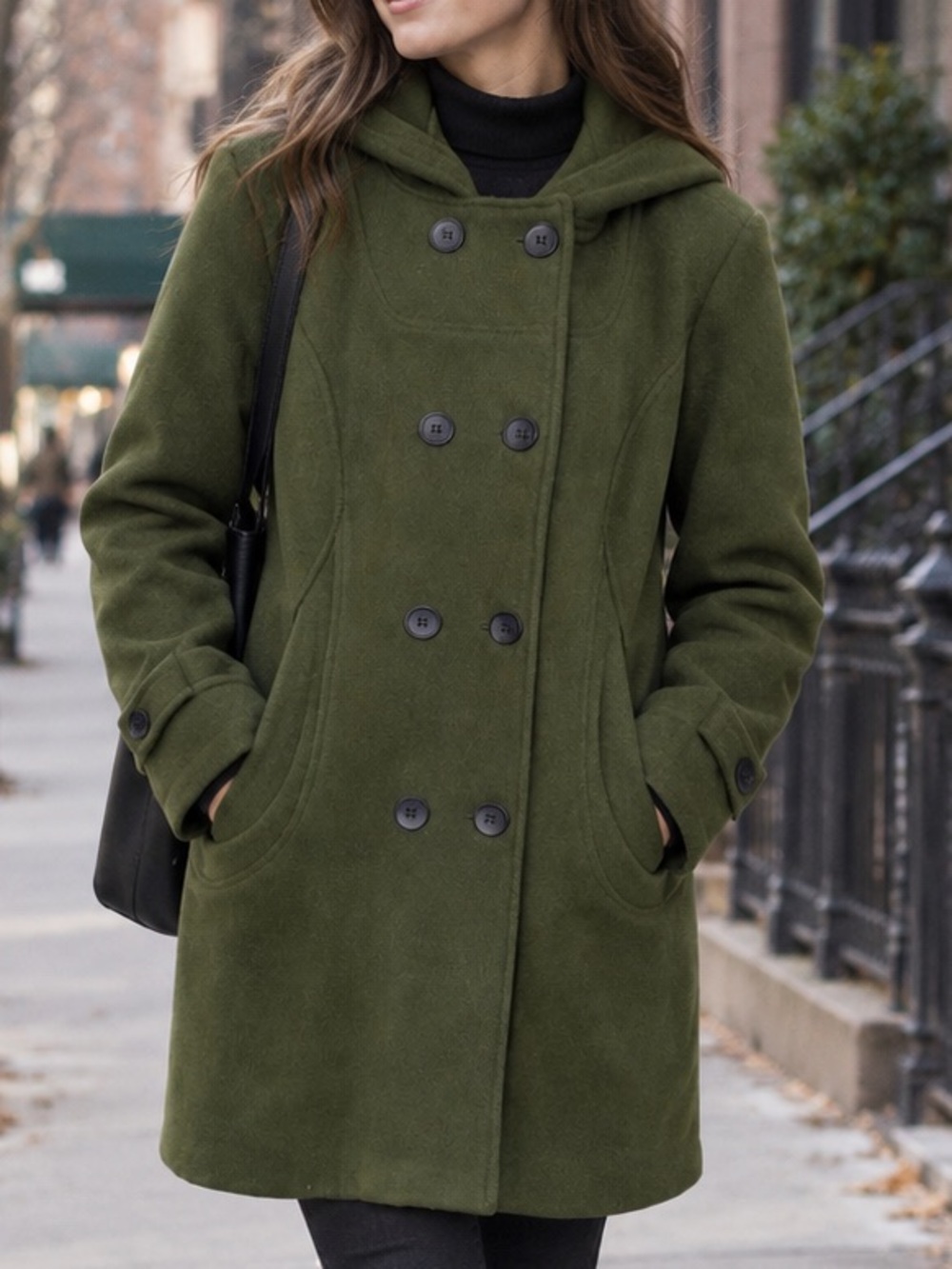 Tanming Pea Coat Jacket Hooded Wool Blend Size XL Green Classy Fall Winter Warm
